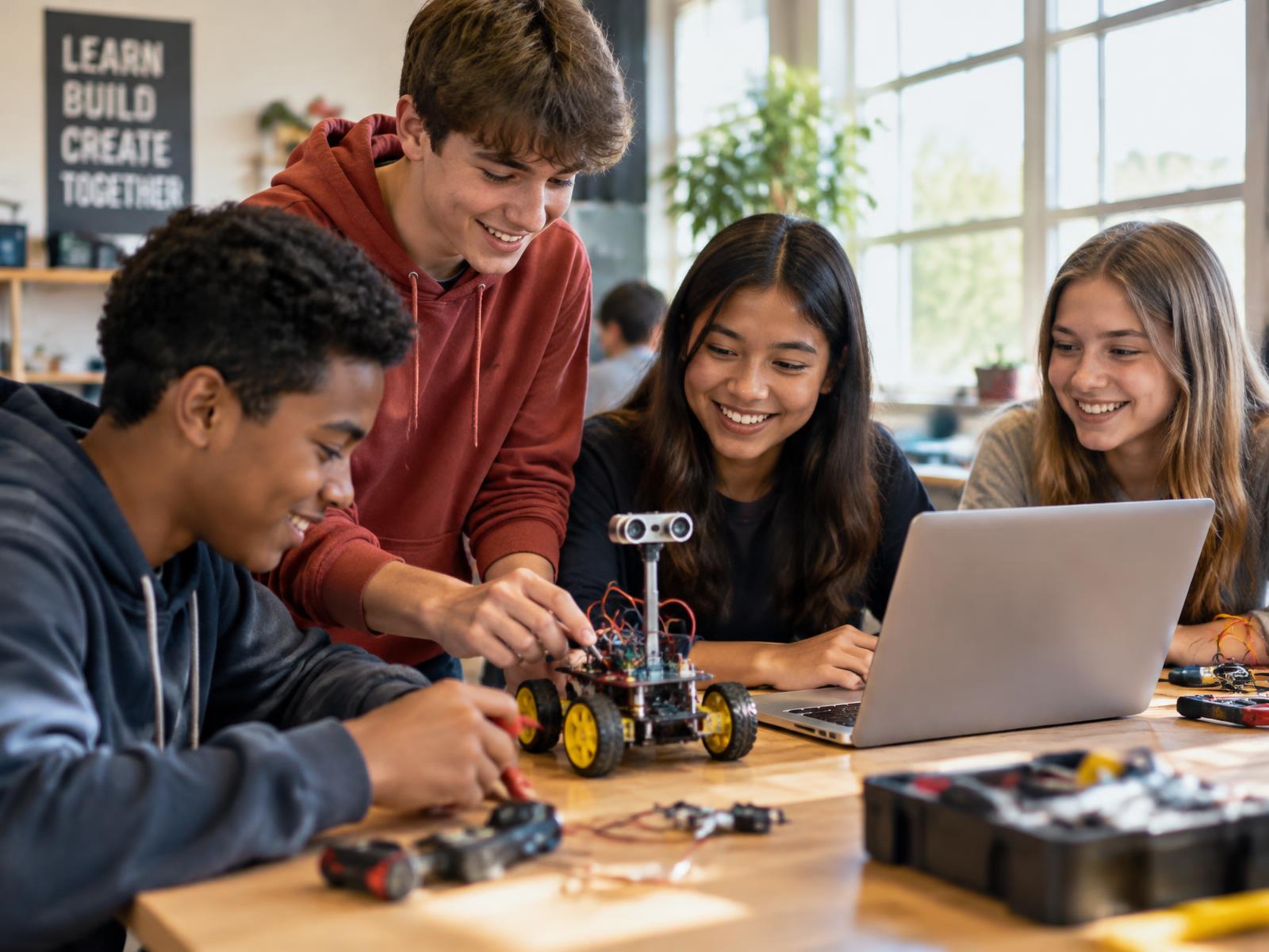 Teenagers collaborating on a robotics project